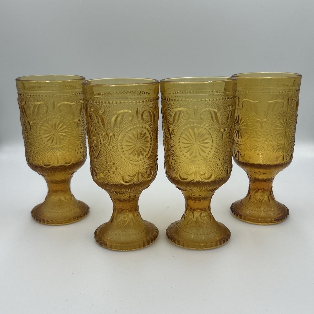 4 Tiara Brockway Concord Daisy Sandwich Amber Indiana‎ Glass 6.25" Footed Goblet